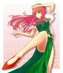  bow braid cala_(artist) green_eyes hair_bow hat high_heels hong_meiling leg_lift long_hair pose red_hair shoes side_slit solo touhou twin_braids 