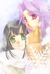  black_hair coat gloves green_eyes highres kajiki_yumi kapiko multiple_girls purple_hair red_eyes saki scarf shared_scarf short_hair snow touyoko_momoko 