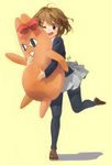  azumanga_daiou brown_eyes brown_hair cat chiyo_chichi crossover doll doll_hug highres hirasawa_yui hug isshiki_tarou k-on! object_hug one_eye_closed pantyhose school_uniform short_hair solo 