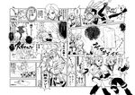  3boys comic detached_sleeves food greyscale hachimaki hair_ornament hair_ribbon hairclip hatsune_miku headband headset holding_hands ice_cream kagamine_len kagamine_rin meiko midriff monochrome multiple_boys multiple_girls muscle na2 partially_translated popsicle ribbon short_hair shorts skirt spoon sword thighhighs translation_request twintails vocaloid waving weapon 