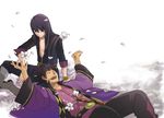  bad_id bad_pixiv_id black_eyes black_hair boots bracelet flower grey_footwear jewelry long_hair lying magnolia male_focus multiple_boys petals ponytail raven_(tales) smile tales_of_(series) tales_of_vesperia yukimatsu yuri_lowell 