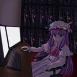  artist_request bespectacled chair computer dark glasses hat highres long_hair patchouli_knowledge purple_eyes purple_hair ribbon server sitting smile solo touhou 