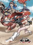  2boys anti-materiel_rifle bikini_top blue_hair boots cape desert goggles goggles_on_head gun highres kamina kamina_shades katana lagann legs multiple_boys pointing red_hair rifle running shirtless simon sniper_rifle sword tattoo tengen_toppa_gurren_lagann thighhighs weapon yoko_littner yusao 