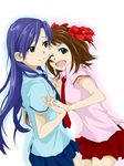  amami_haruka bad_id bad_pixiv_id blue_hair blush brown_eyes brown_hair e-n green_eyes hair_ribbon holding_hands idolmaster idolmaster_(classic) kisaragi_chihaya long_hair multiple_girls necktie one_eye_closed open_mouth ribbon school_uniform short_hair smile yuri 