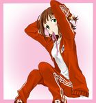  adjusting_hair amami_haruka bad_id bad_pixiv_id blush brown_hair e-n green_eyes idolmaster idolmaster_(classic) ribbon short_hair sitting solo track_suit 