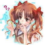  ? bow brown_eyes brown_hair hair_bow hands mechanical_pencil pencil shirai_kuroko solo sweat sweater_vest to_aru_kagaku_no_railgun to_aru_majutsu_no_index translated twintails yuuki_sara 