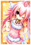  ahoge animal_ears bell blush brown_eyes cat_ears cat_tail choker copyright_request emperpep jingle_bell long_hair one_eye_closed pink_hair ribbon ribbon_choker smile solo tail traditional_media watercolor_(medium) 