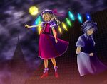  bad_id bad_pixiv_id blonde_hair braid closed_eyes fingernails flandre_scarlet full_moon hat high_heels izayoi_sakuya long_fingernails maid moon multiple_girls nail_polish outstretched_arm pink_nails ponytail red_eyes rooftop shoes short_hair side_ponytail silver_hair touhou tower twin_braids wings yellow_moon yui_7 