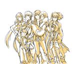  4boys armor bad_id bad_pixiv_id boots carrying dog estellise_sidos_heurassein flynn_scifo gloves goggles judith karol_capel kiseru knee_boots monochrome multiple_boys multiple_girls orange_(color) pipe pointy_ears ponytail princess_carry raven_(tales) repede rita_mordio sakazakimay scarf short_hair smile tales_of_(series) tales_of_vesperia v yellow yuri_lowell 