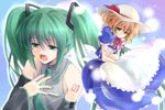  apron blonde_hair bow crossover detached_sleeves green_eyes green_hair hara_takehito hat hatsune_miku headphones kana_anaberal long_hair multiple_girls music necktie singing source_request touhou touhou_(pc-98) twintails vocaloid yellow_eyes 