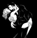  1girl arm_around_waist artist_request back back_tattoo backless_dress backless_outfit bare_back bare_shoulders black_background dress earrings face-to-face feather_boa formal fullmetal_alchemist greyscale hetero holding hug imminent_kiss jewelry large_hands long_sleeves monochrome necktie non-web_source ponytail riza_hawkeye roy_mustang suit tattoo 