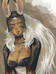  1girl animal_ears breasts brown_eyes bunny_ears choker cleavage dark-skinned_female dark_skin dark_skinned_female female final_fantasy final_fantasy_xii fran long_hair masumi solo very_long_hair viera white_hair 