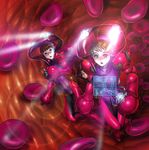  blood blood_cell cell_(biology) copyright_request fujiwara_hisashi glasses highres holographic_interface holographic_monitor lens_flare minigirl multiple_girls science_fiction spacesuit spotlight 