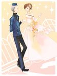  1girl bad_id bad_pixiv_id bride brown_hair closed_eyes couple dress earrings female_protagonist_(persona_3) flower good_end hair_flower hair_ornament hat hetero highres jewelry necklace persona persona_3 persona_3_portable smile tashite teodor wedding_dress 