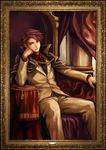  blue_eyes cape chair chin_rest cloak dawn_of_the_golden_witch ekusa_takahito feet_out_of_frame formal frame jacket male_focus manly necktie official_art painting_(object) red_hair sitting solo umineko_no_naku_koro_ni ushiromiya_battler 