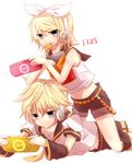  1girl aqua_eyes bad_id bad_pixiv_id blonde_hair brother_and_sister chips food hair_ornament hair_ribbon hairclip handheld_game_console headphones kagamine_len kagamine_rin lying monako mouth_hold on_stomach playing_games playstation_portable ribbon short_hair shorts siblings simple_background twins vocaloid 