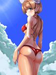  a9b_(louis814) ass ass_focus beach bikini blue_sky breasts brown_eyes brown_hair cloud cloudy_sky commentary_request day from_below headgear highres kantai_collection large_breasts littorio_(kantai_collection) long_hair outdoors ponytail red_bikini sideboob sketch sky solo swimsuit thighs underboob wavy_hair 