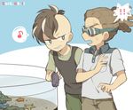  2boys brown_hair dated eighth_note fudou_akio goggles grin hairlocs inazuma_eleven inazuma_eleven_(series) kidou_yuuto male_focus multicolored_hair multiple_boys musical_note open_mouth saku_anna sea_cucumber simple_background smile spoken_musical_note starfish sweat two-tone_hair 