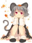  :3 animal_ears arm_support autumn_leaves bloomers dress gem grey_dress grey_hair iris_anemone jewelry leaf leaf_on_head long_sleeves looking_at_viewer mouse_ears mouse_tail nazrin necklace pendant pink_eyes shirt sitting solo staring tail touhou underwear upskirt 
