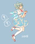  1girl 2015 blue_eyes blue_hair bow bracelet choker cirno commentary dress full_body hair_bow highres ice ice_wings jewelry kyuubiness pantyhose pointy_ears print_legwear puffy_sleeves ribbon_choker shoes short_hair solo touhou wings 