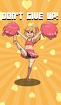  absurdres alternate_hair_length alternate_hairstyle armpits bike_shorts black_eyes blonde_hair blush bow bulge cheering cheerleader crop_top crossdressing english hair_bow heart heart-shaped_pupils highres john_doe leg_lift link long_hair male_focus midriff nintendo otoko_no_ko pointy_ears pom_poms ponytail pumps rising_sun shorts shorts_under_skirt skirt solo sunburst sweat symbol-shaped_pupils the_legend_of_zelda the_legend_of_zelda:_tri_force_heroes thighhighs triforce white_legwear 