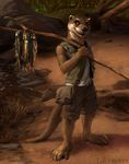  2015 anthro bag barefoot brown_eyes brown_fur clothed clothing dirt fish food front_view fur hax_(artist) male mammal marine mustelid open_jacket otter outside painting portrait rock shaded shirt shorts sleeveless_jacket smile solo standing stick stout water white_fur 