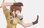  black_gloves blue_eyes brown_hair character_request dress fighting_stance final_fantasy final_fantasy_xiv from_side gloves hyur monk_(final_fantasy) pet_shop_jojo shoulder_pads solo uniform yellow_dress 