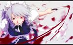  action apron black_legwear blood blood_on_face bloody_knife blue_dress blurry bow braid breasts colored_eyelashes depth_of_field dress dual_wielding frilled_apron frills grin hair_bow holding izayoi_sakuya knife letterboxed looking_at_viewer maid maid_apron maid_headdress medium_breasts pantyhose red_eyes ribbon short_sleeves silver_hair smile solo touhou twin_braids usui_ryuusan white_background 