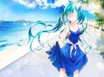  aqua_hair beach blue_dress day dress hair_ribbon hatsune_miku kamari_(kama_ri) long_hair ribbon skirt_hold solo twintails vocaloid 