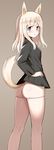  absurdres animal_ears ass blonde_hair blue_eyes blush brown_background butt_crack fox_ears fox_tail frown glastonbury1966 highres long_hair military military_uniform ottilie_kittel panties panty_pull simple_background solo tail underwear uniform white_panties world_witches_series 