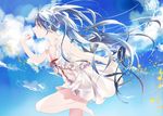 blue_eyes blue_hair cloud day dress hatsune_miku kamari_(kama_ri) long_hair petals sky solo twintails vocaloid white_dress 