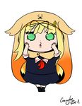  blonde_hair convoyke cosplay crossover doma_umaru doma_umaru_(cosplay) full_body green_eyes hamster_costume hands_on_own_cheeks hands_on_own_face himouto!_umaru-chan kantai_collection no_pupils o3o open_mouth poi_face signature simple_background solo standing white_background yuudachi_(kantai_collection) 