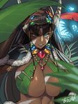  blue_eyes breasts brown_hair cleavage dark_skin facial_mark huge_breasts jewelry long_hair mitra_(sennen_sensou_aigis) obui sennen_sensou_aigis solo tattoo tribal_tattoo upper_body very_long_hair 