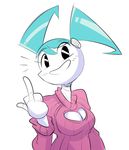  blush cleavage clothed clothing female herny jenny_wakeman keyhole_turtleneck looking_at_viewer machine middle_finger my_life_as_a_teenage_robot robot solo sweater 