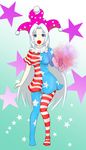  alternate_hairstyle american_flag_dress american_flag_legwear blue_background blue_eyes blush breasts clownpiece clownpiece_(cosplay) cosplay fuma_(dekasegi) gradient gradient_background hat highres jester_cap knees_together_feet_apart long_hair looking_at_viewer open_mouth pantyhose short_sleeves silver_hair small_breasts solo star thighs torch touhou very_long_hair white_background yagokoro_eirin 