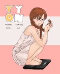  anger_vein azumanga_daiou barefoot blush braid brown_eyes brown_hair commentary_request dress glasses long_hair mizuhara_koyomi sasa90 smile solo squatting sundress translated twin_braids weighing_scale 