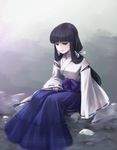  black_eyes black_hair hakama inuyasha japanese_clothes kikyou_(inuyasha) light_smile long_hair looking_down miko purple_hakama saiha sitting solo 