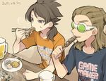  alcohol beer brown_hair chopsticks dated eating food fudou_akio hairlocs inazuma_eleven_(series) inazuma_eleven_go kidou_yuuto long_hair male_focus multiple_boys older open_mouth saku_anna sitting skewer steam 