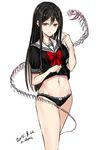  black_hair black_panties blush bow clothes_lift dated groin long_hair looking_at_viewer midriff nabeshima_tetsuhiro navel original panties parted_lips red_eyes school_uniform serafuku shirt_lift skeleton solo twitter_username underwear white_background 