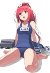  ahoge arm_support bare_legs bare_shoulders barefoot blush breasts hair_ribbon i-168_(kantai_collection) kantai_collection long_hair medium_breasts one-piece_swimsuit open_mouth ponytail red_eyes red_hair ribbon sailor_collar school_swimsuit shirt_removed sitting smile solo swimsuit touboku undressing wariza 