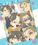  blue_sky brown_hair candy_apple cloud cotton_candy food fudou_akio goggles grin hairlocs inazuma_eleven inazuma_eleven_(series) inazuma_eleven_go japanese_clothes kidou_yuuto kimono long_hair male_focus multiple_boys multiple_persona older open_mouth outdoors rhinoceros_beetle saku_anna shaved_ice shiisaa sky smile spoon starfish v younger yukata 