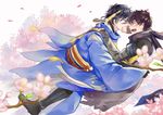  black_hair blue_eyes blush cherry_blossoms covering_mouth doudanuki_masakuni hand_over_another's_mouth japanese_clothes male_focus mikazuki_munechika morning6am multiple_boys open_mouth petals scar scarf touken_ranbu yaoi yellow_eyes 