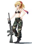  bare_shoulders belt black_boots black_bra blonde_hair blue_eyes blush boots bra camouflage closed_mouth collarbone expressionless female gun hand_on_hip holding holding_gun holding_weapon jewelry midriff navel necklace original pendant ponytail shadow simple_background solo taiyou underwear weapon white_background 