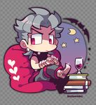 alcohol artist_name bat bean_bag_chair book_stack checkered checkered_background crescent_moon cup dio_brando drinking_glass earrings grey_hair heart jewelry jojo_no_kimyou_na_bouken kotorai male_focus moon pointy_shoes purple_eyes shoes signature solo sparkle wine wine_glass wrist_cuffs 