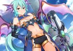  aqua_eyes bare_shoulders belt blue_hair blush brave_frontier breasts closed_mouth expressionless female frills hand_on_hip head_wings holding holding_sword holding_weapon long_hair looking_at_viewer lucina_(brave_frontier) midriff mmrailgun navel ponytail shorts sky solo sword weapon wings 