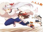  2girls animal_ears barefoot black_hair brown_eyes brown_hair buruma closed_eyes dog_ears fur gym_uniform headband higurashi_kagome inuyasha inuyasha_(character) leg_cling leg_hug long_hair multiple_boys multiple_girls pointing pointy_ears racing rin_(inuyasha) running saiha sesshoumaru size_difference smile sweatdrop track_suit white_hair yellow_eyes 