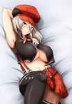  alisa_ilinichina_amiella armpits bed black_footwear black_legwear blue_eyes bol_(liliymimi) boots breasts brown_hair god_eater hat large_breasts long_hair looking_at_viewer lying navel on_back pantyhose plaid plaid_skirt skirt solo suspender_skirt suspenders thigh_boots thighhighs underboob 