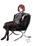  bob_cut chair dated full_body nabeshima_tetsuhiro necktie one_eye_closed original pantyhose plaid plaid_skirt red_eyes red_hair short_hair sitting skirt solo twitter_username uniform white_background 