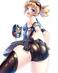  :d armlet ass bare_shoulders bird black_gloves blonde_hair blue_eyes fingerless_gloves from_behind gloves granblue_fantasy hinata_sora looking_back open_mouth pantylines penguin pengy_(granblue_fantasy) short_hair short_twintails shorts simple_background smile solo twintails white_background 