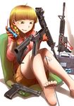  airsoft assault_rifle bangs barefoot beretta_92 blonde_hair blunt_bangs braid brown_eyes cleaning cleaning_gun cleaning_rod didloaded eyebrows feet gloves gun handgun long_hair m4_carbine original patch rifle shadow simple_background sitting solo thick_eyebrows weapon white_background 